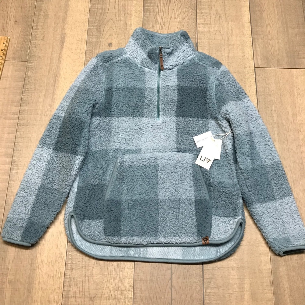 Liv‎ Outdoors Jacket Womens Size S Blue Sherpa Pile Fleece Plaid 1/4 Zip Cozy
